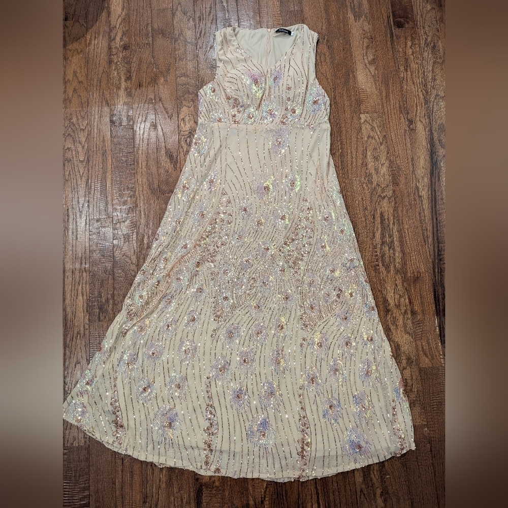 Women's Vintage Peacock Sequin Formal Dress V Neck Party Prom Evening Gown 1x - Picture 11 of 16